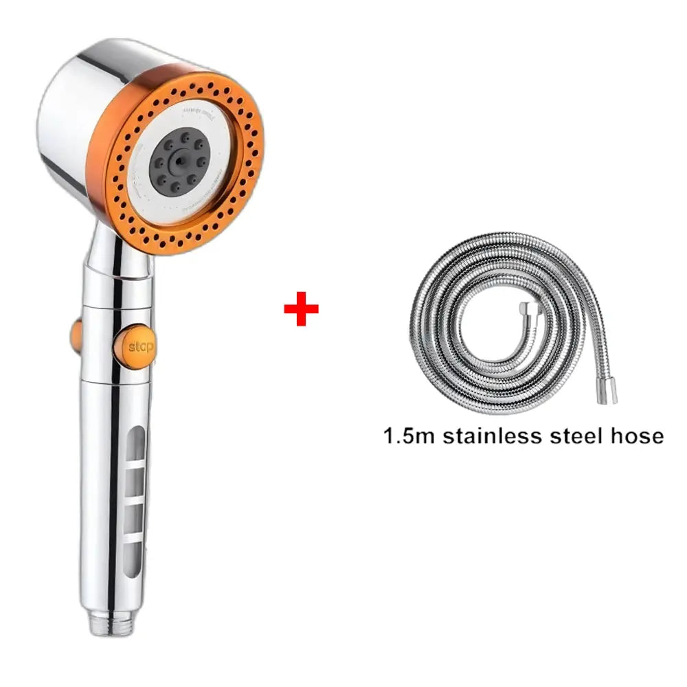Simples Market handheld shower head with orange ring and chrome finish, plus 1.5m stainless steel hose (2-piece set)