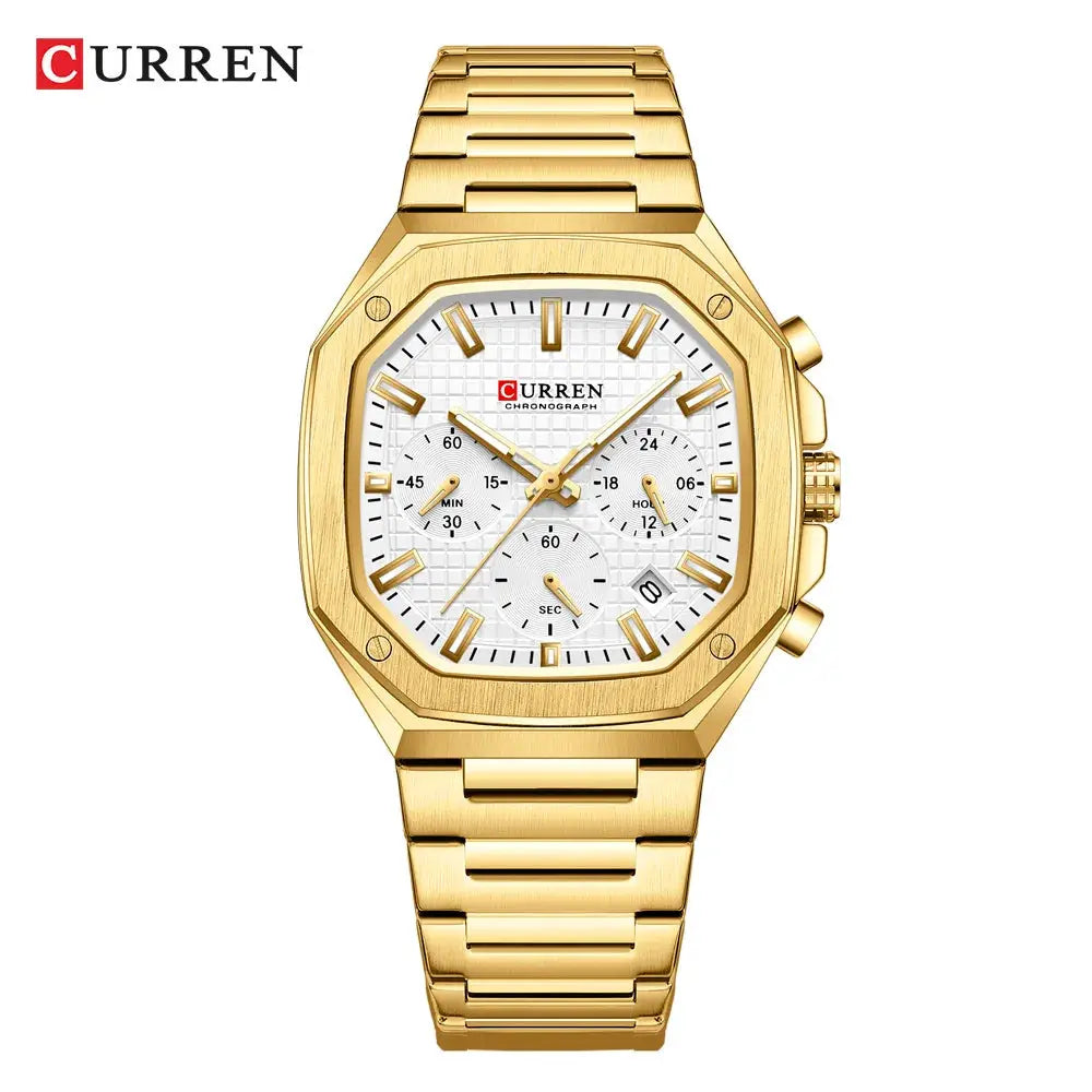 Curren men's square gold-tone stainless steel chronograph watch with date window and white dial