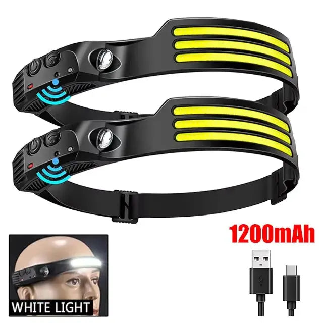 TrailTech Rechargeable LED Headlamp With Built In Battery 6 Modes Motion Sensor COB Sensor Waterproof