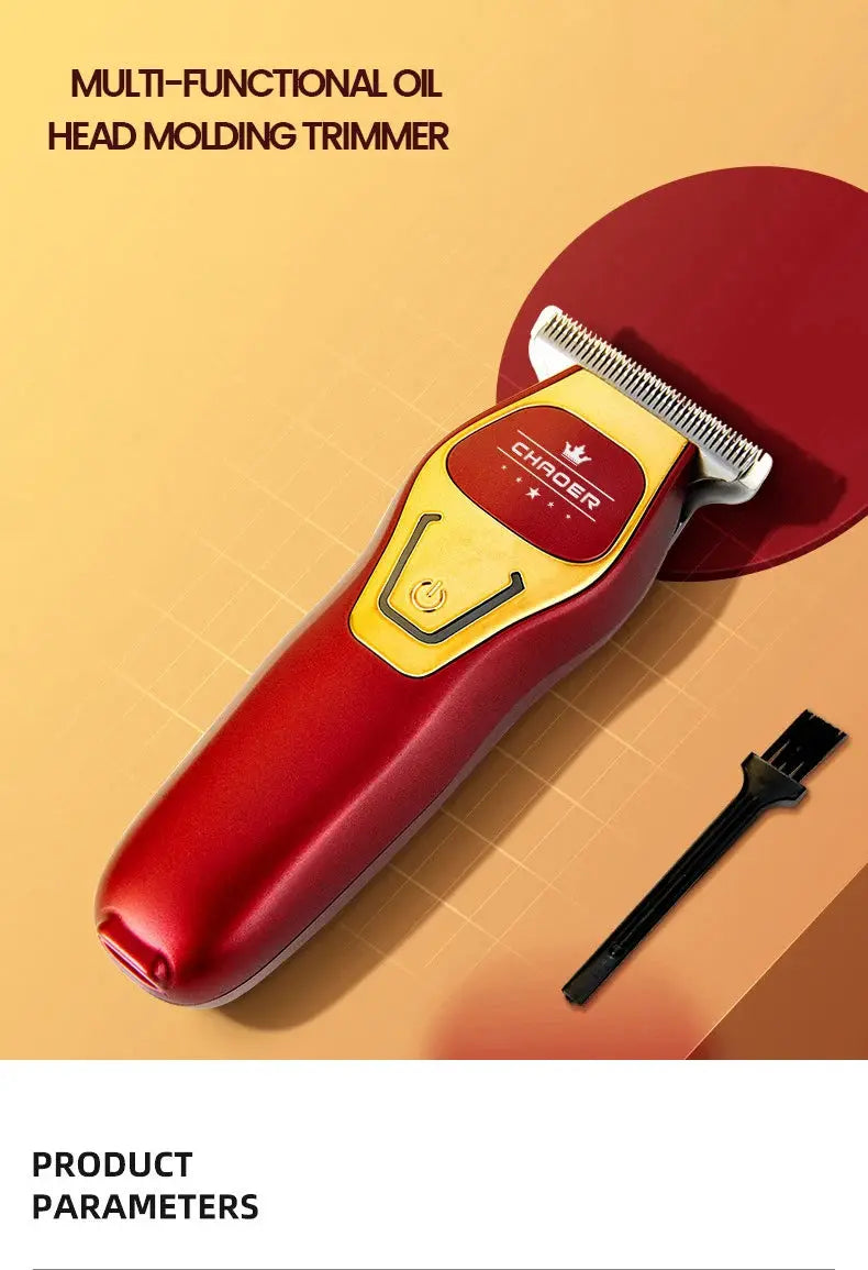 Cordless hair clipper in red and gold with T-blade, includes cleaning brush