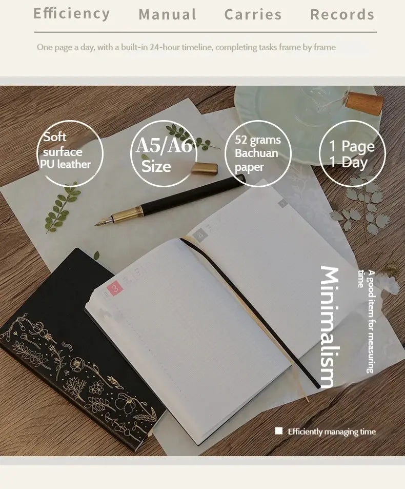 Kinbor Notebook 2026 Planner by Simples Market on white A5/A6 pages; black PU leather cover, pencil.