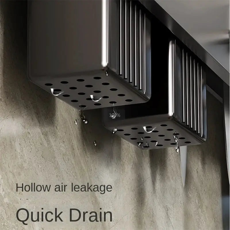 Tool-free kitchen shelf with two black metal wall-mounted drain baskets for knives and tools by Simples Market