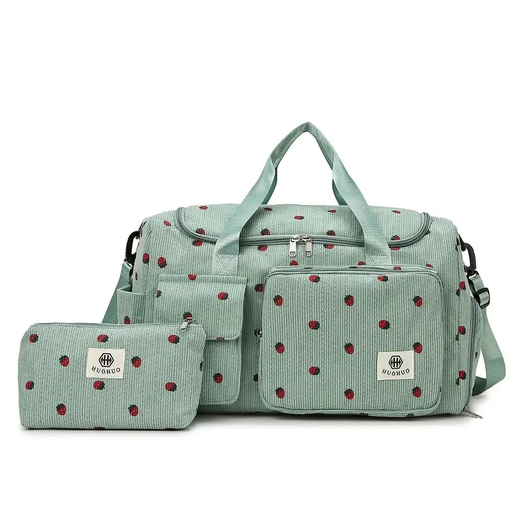 Strawberry travel bag set; mint corduroy with red strawberry print, large-capacity, includes small pouch, by Simples Market