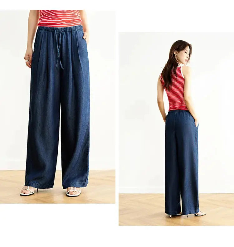 Semir Elastic Waist Denim Pants Women Draped Fit Wide Leg Trousers