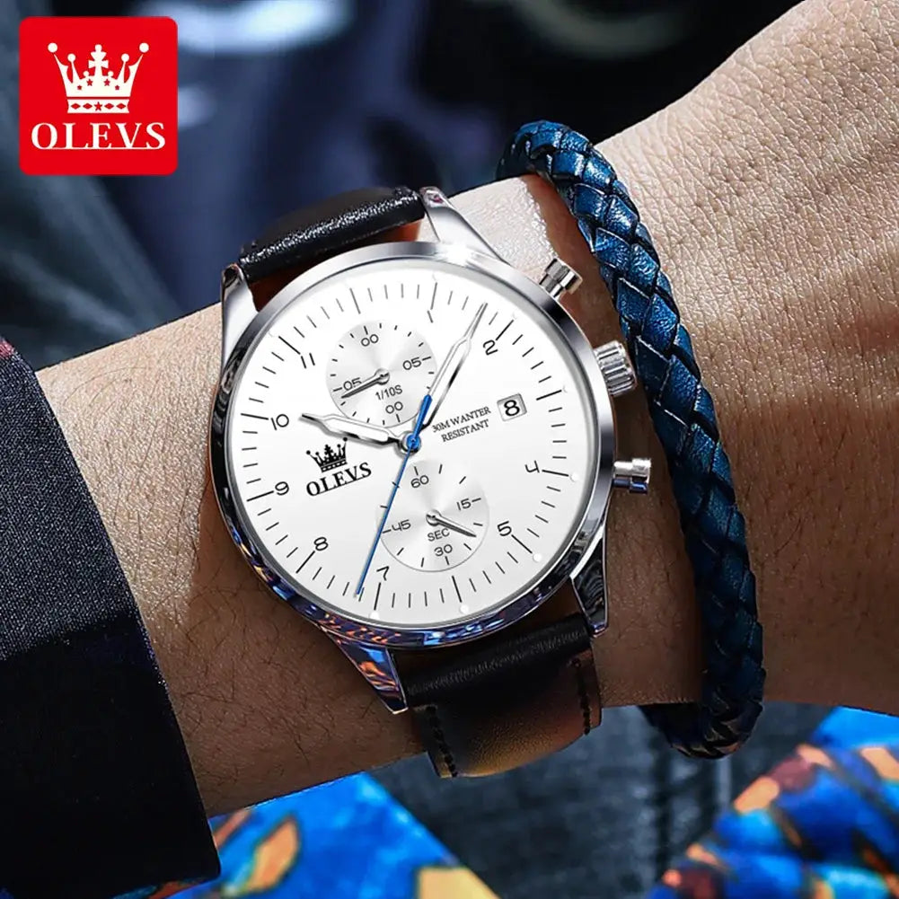 OLEVS men's wristwatch with white dial, silver case, black leather strap, date window, 30m water resistant
