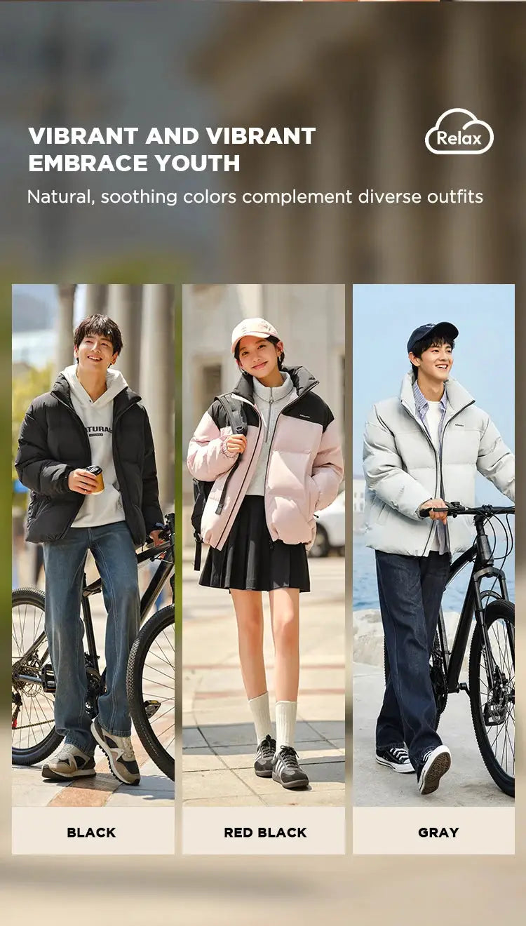 Semir down puffer jackets for men and women in black, red-black, and gray, 3 colorways