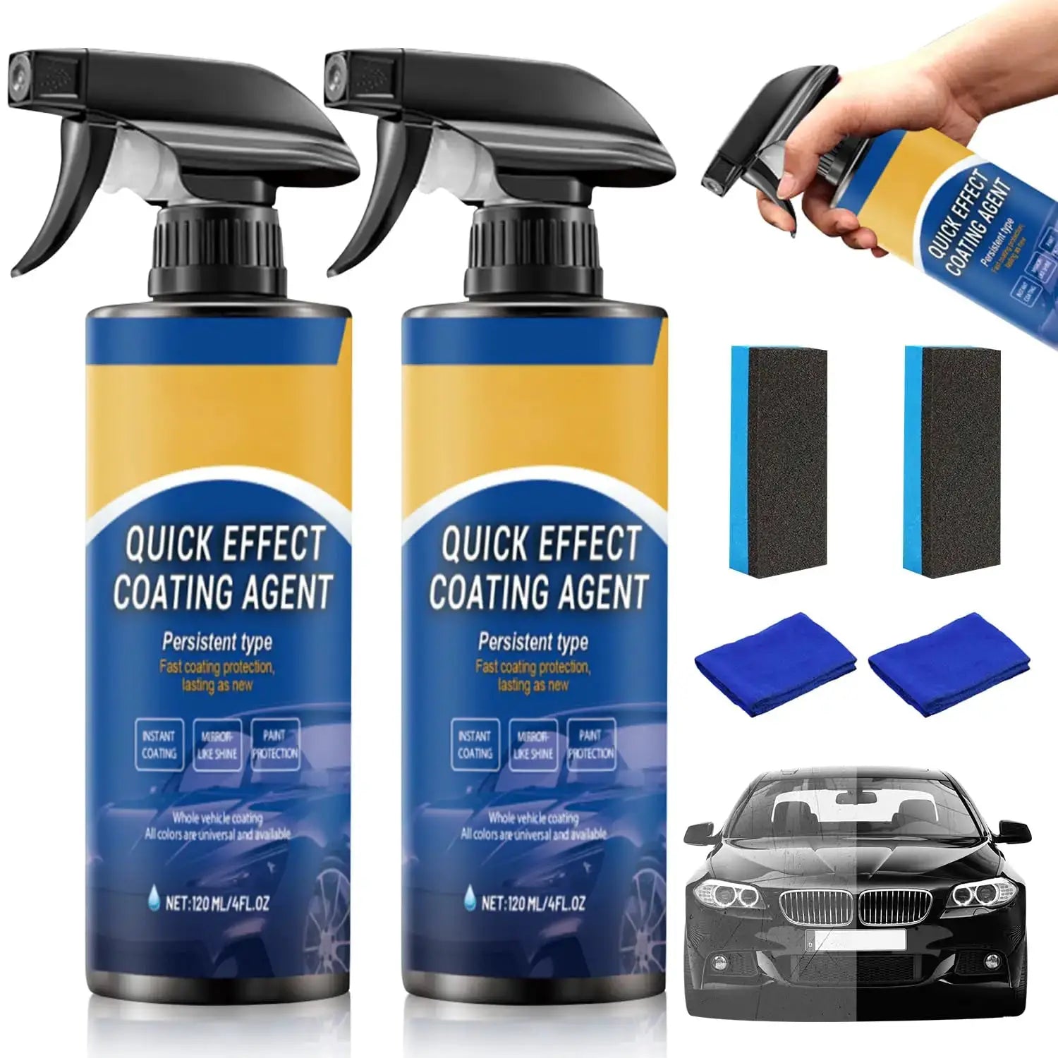 Two Quick Effect Coating Agent spray bottles, 120 ml, with triggers, plus two blue sponges and two cloths, car image