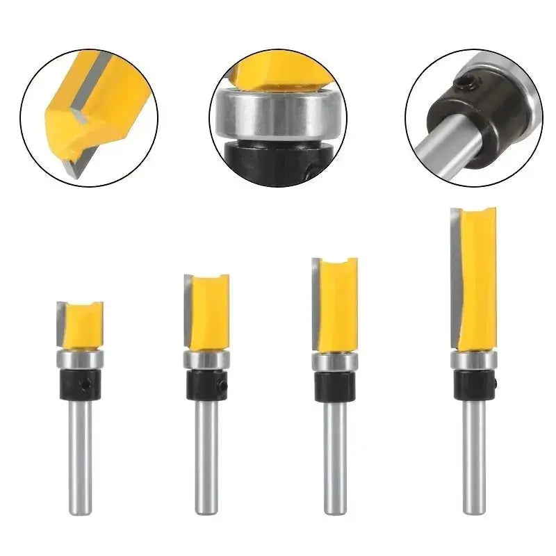 Four Piece One Quarter Inch Shank Bearing Guided Router Bits Set For Woodworking Edge Trimming With Double Edged Cutter