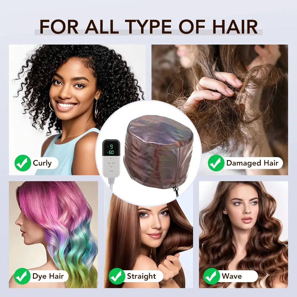 Simples Market 10-Level Electric Hair Heating Cap; metallic brown waterproof cap with control panel (6-image collage)