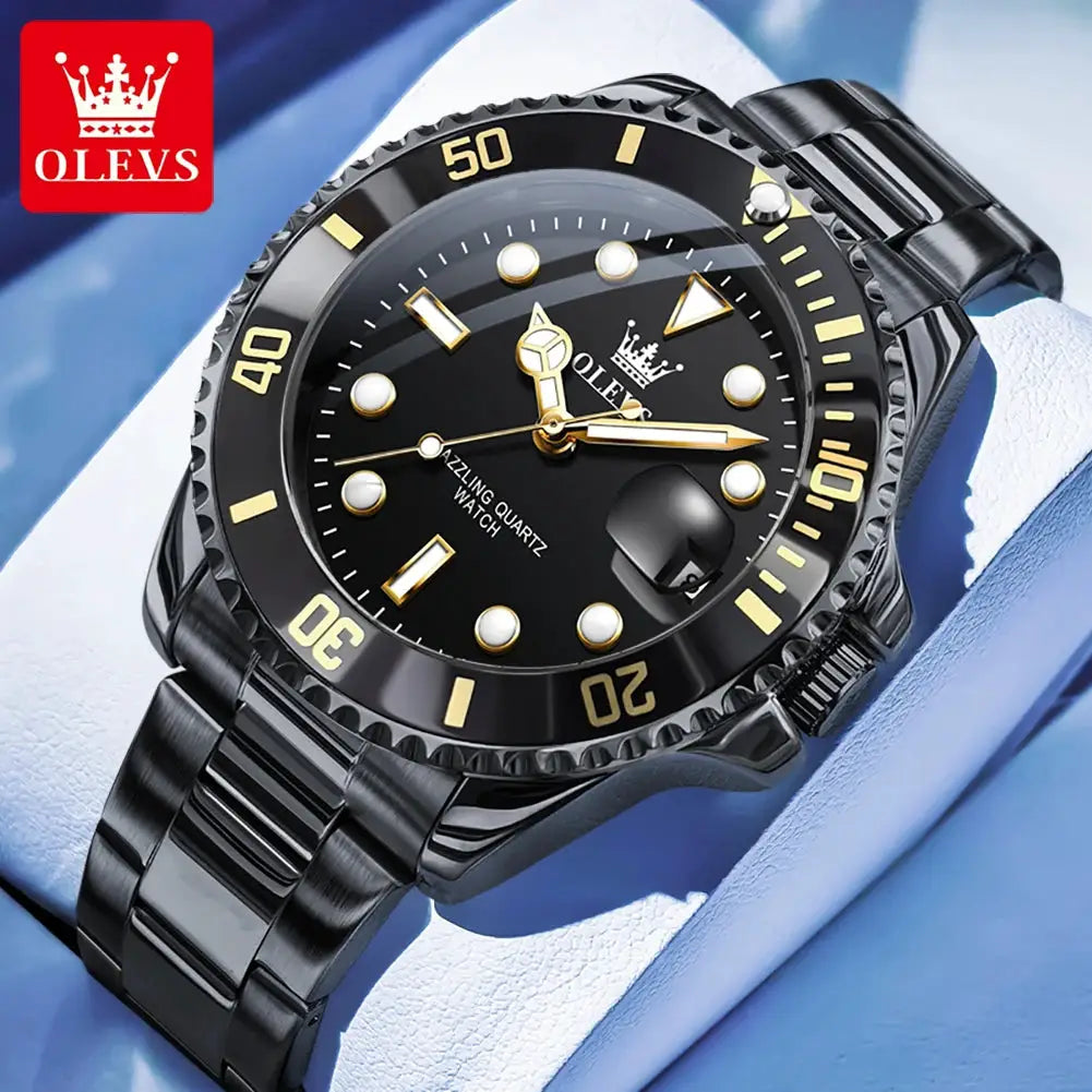 OLEVS men's black stainless steel diving watch with gold-tone markers, date window and rotating bezel