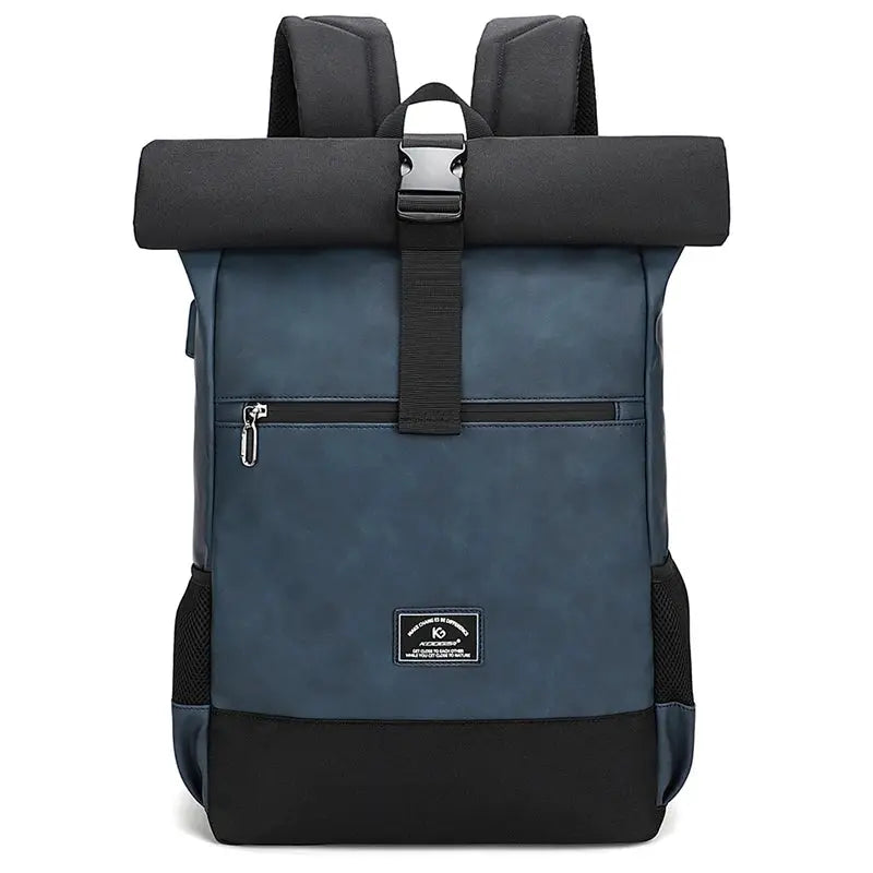 Simples Market navy blue PU leather waterproof roll-top backpack with front zip pocket