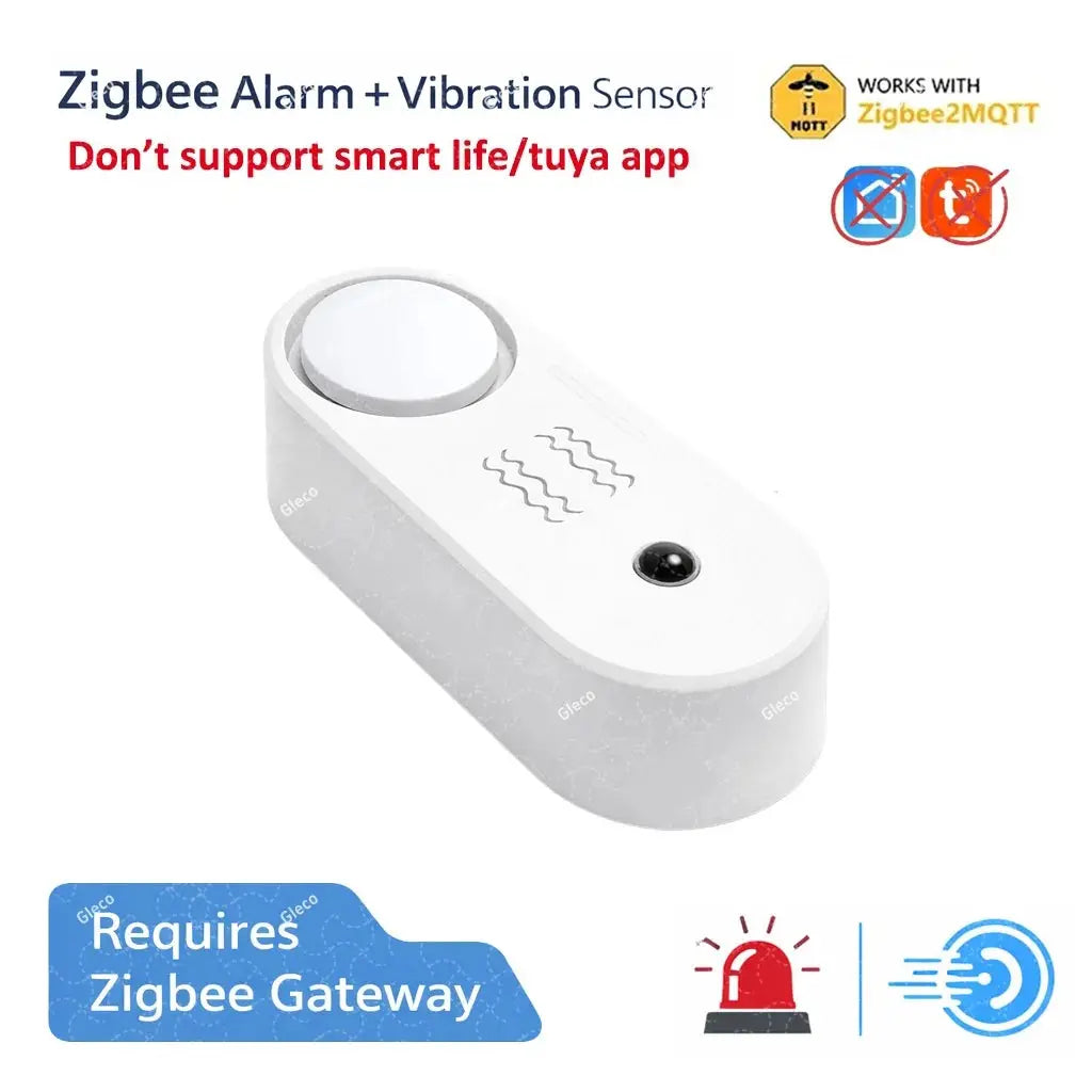 Zigbee Siren Alarm + Vibration Sensor, white plastic device; Simples Market, requires Zigbee gateway
