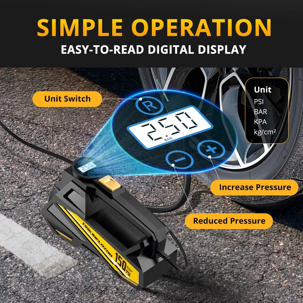 Upgraded 12V Corded Car Air Pump 150 PSI Tire Inflator With LED Light