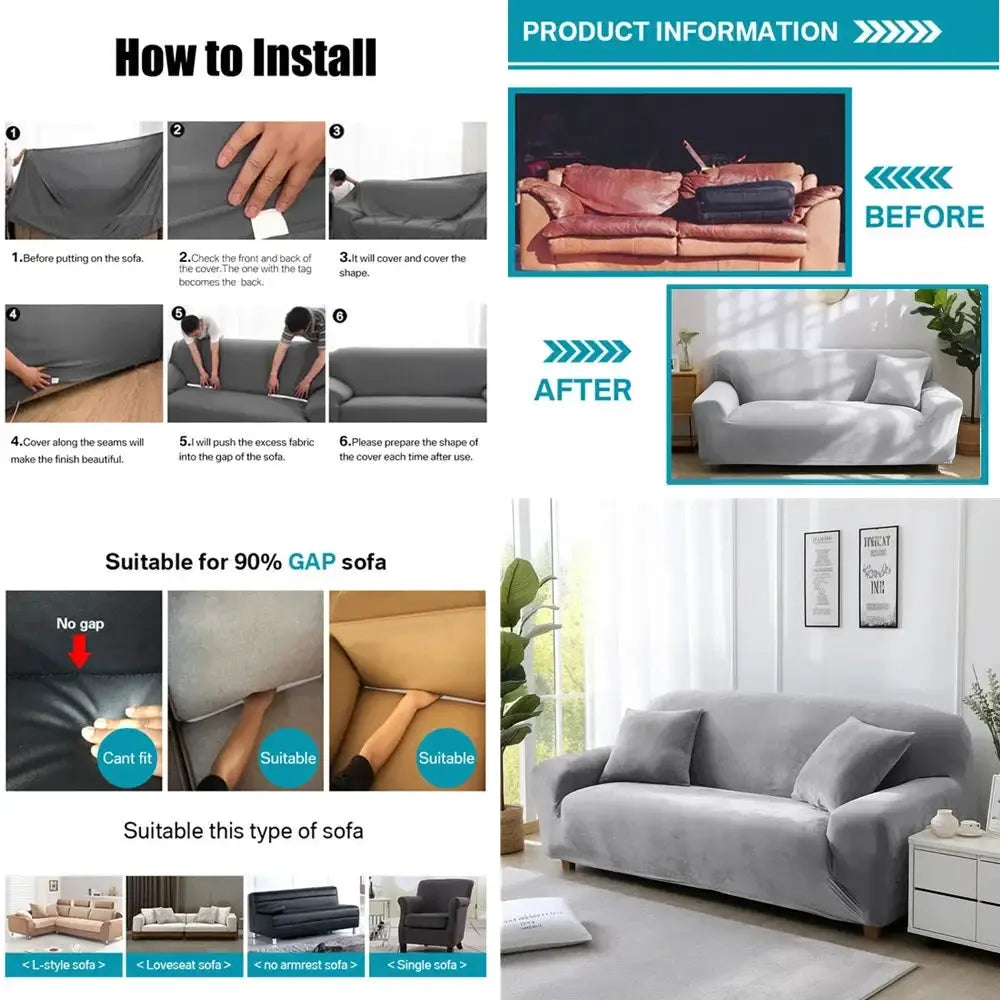 Stretch velvet sofa cover by Simples Market for 1–4 seat couches with non-slip elastic bottom (gray).