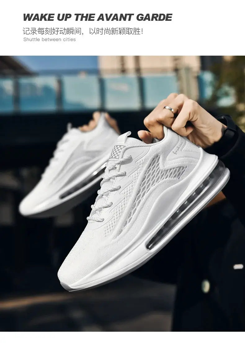 Pair of men's white sneakers with breathable mesh upper and visible air-cushion sole
