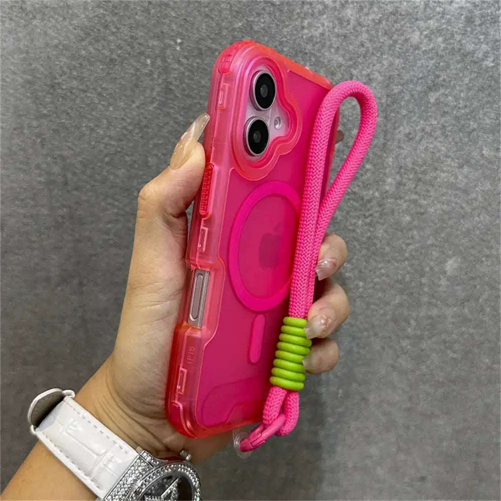 Simples Market luxury Armour Matte MagSafe phone case for iPhone, pink with pink wrist strap and neon green coil