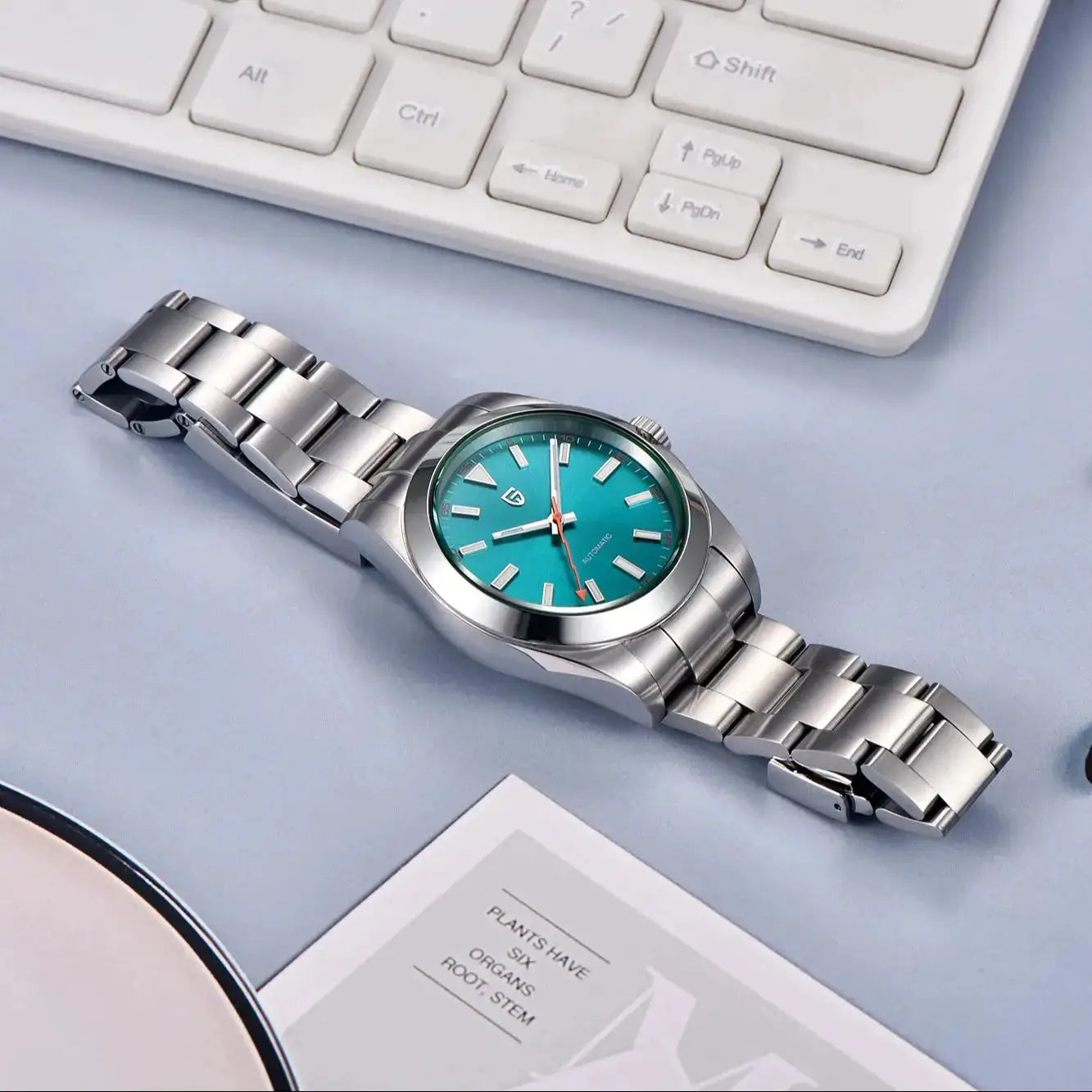 Pagani Design men's stainless steel automatic watch with teal-green dial and AR sapphire crystal