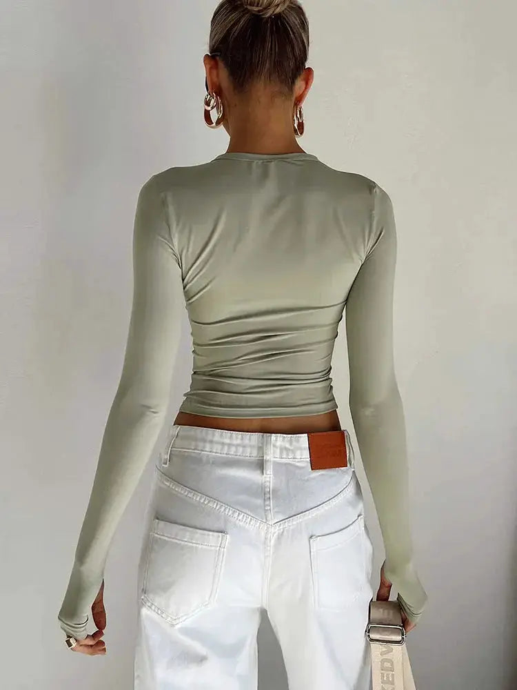Womens Long Sleeve Crew Neck Crop Top With Thumb Holes Slim Fit Solid Color Streetwear For Daily Summer