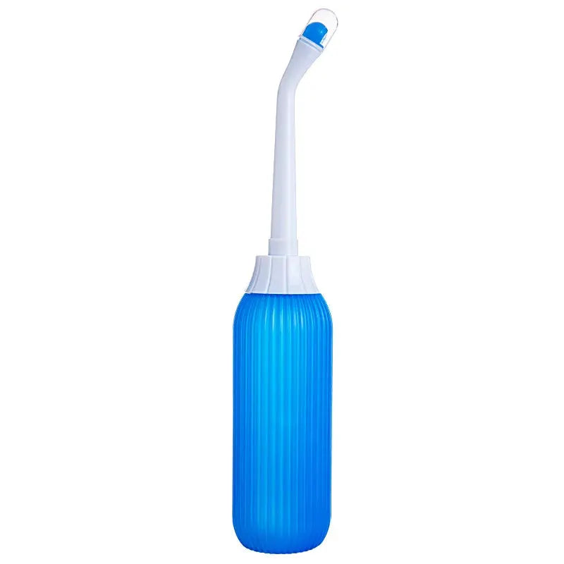 Portable blue ribbed plastic bidet bottle with white curved nozzle