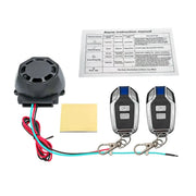 Universal black motorcycle alarm kit by Simples Market with remote controls, 2 fobs, wiring, and instruction manual