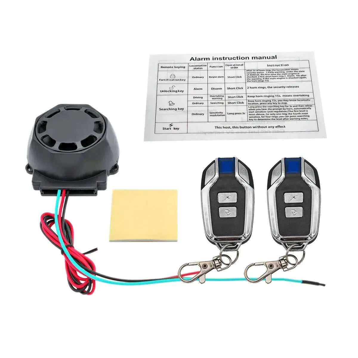 Universal black motorcycle alarm kit by Simples Market with remote controls, 2 fobs, wiring, and instruction manual