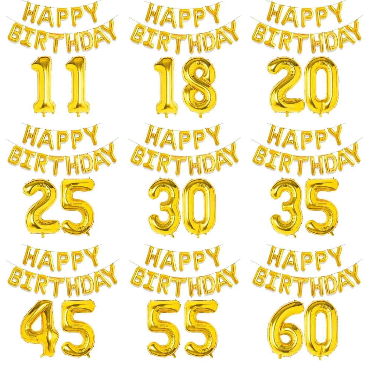 15 Piece Gold Happy Birthday Foil Balloons Set With Numeric Cutouts For Milestone Ages 10 To 60 Kids And Adults