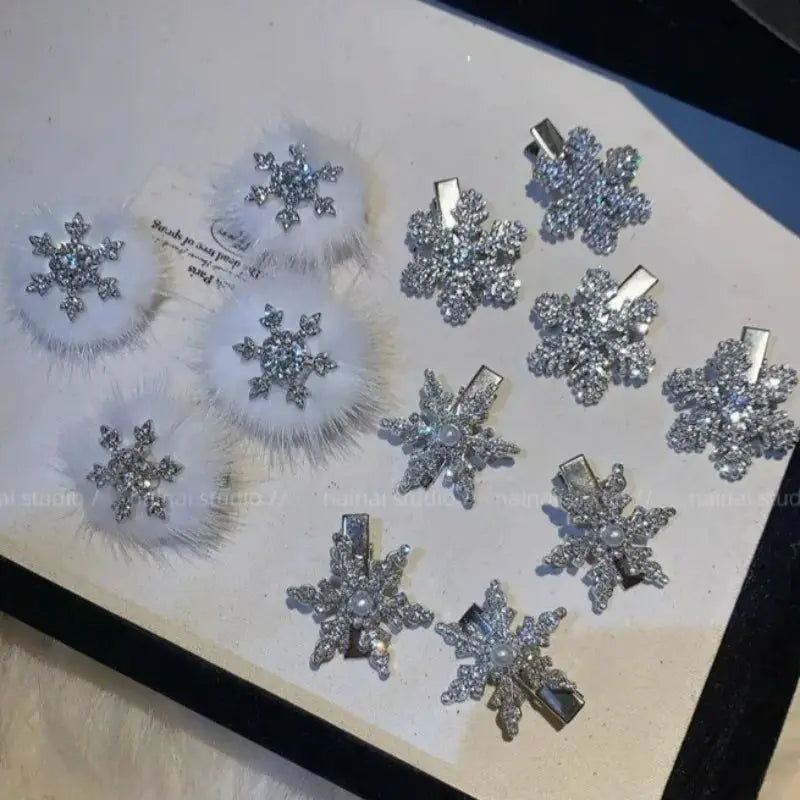 AuroraGlow Plush Fur Snowflake Hair Clips 2 Pack For Women Sparkling Rhinestone Accents Festive Hair Accessories