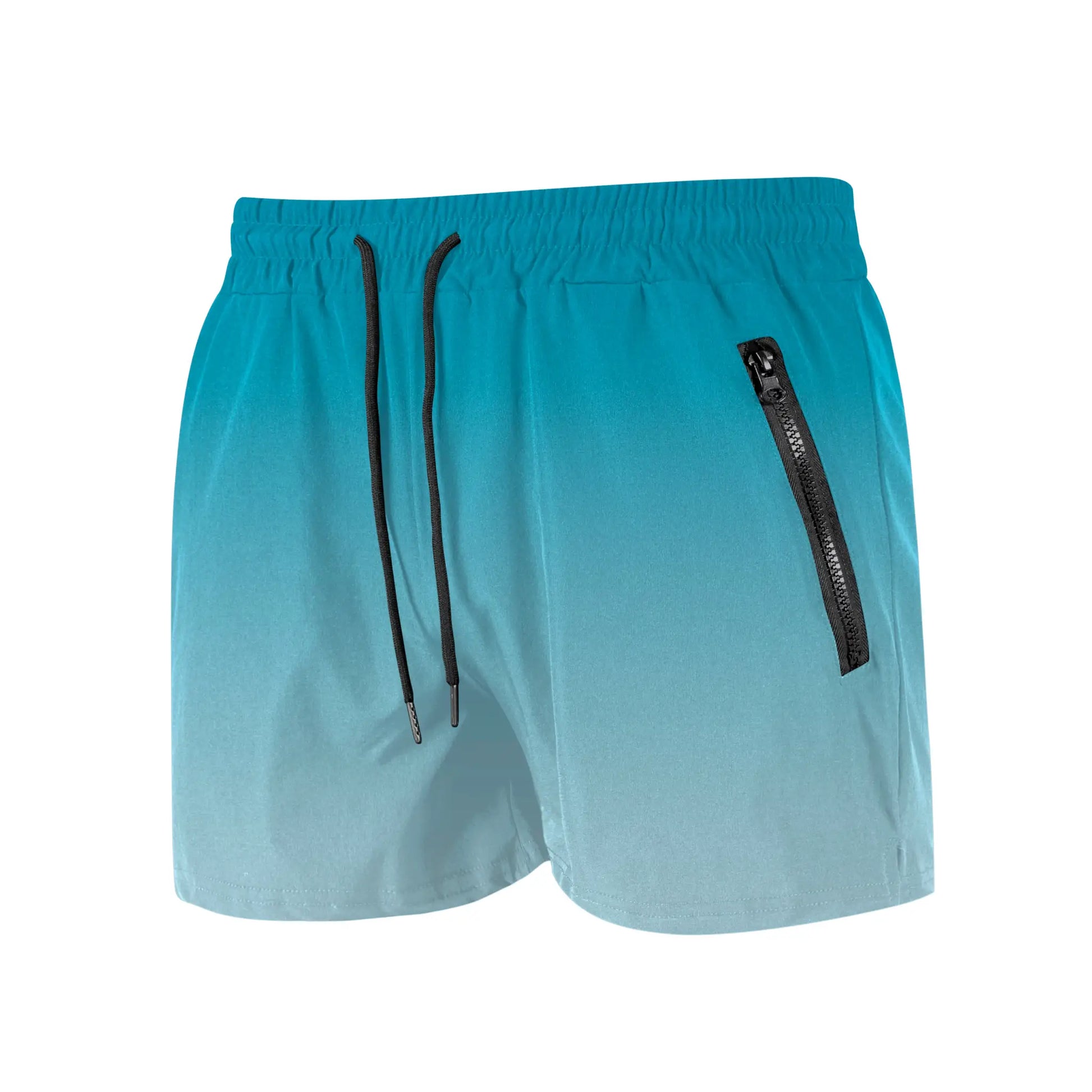 Men's turquoise swim shorts by Simples Market with black drawstrings and a zipper pocket