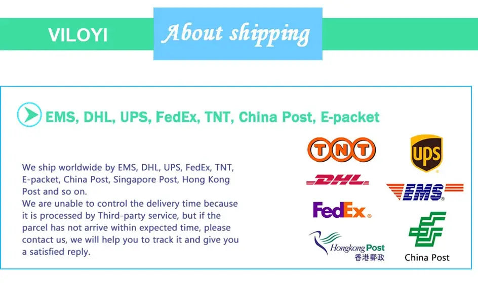 Shipping info banner showing EMS, DHL, UPS, FedEx, TNT, and China Post logos with About shipping heading.