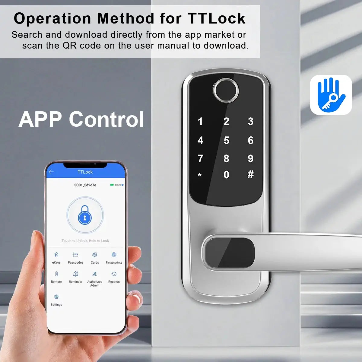 Wifi Smart Door Lock with App Control, black touchscreen keypad on silver body