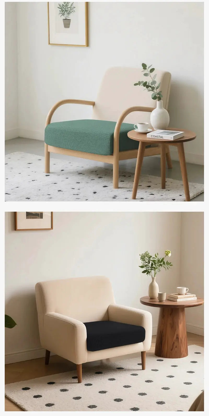 Simples Market sofa cushion cover set for 1–4 seats; waterproof jacquard covers shown on chairs with green and beige cushions.