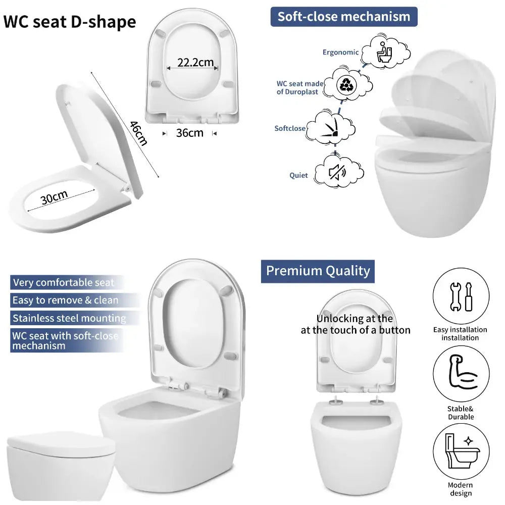 Toilet seat, white D-shape with slow-close hinges and easy install, soft-close bathroom fixture
