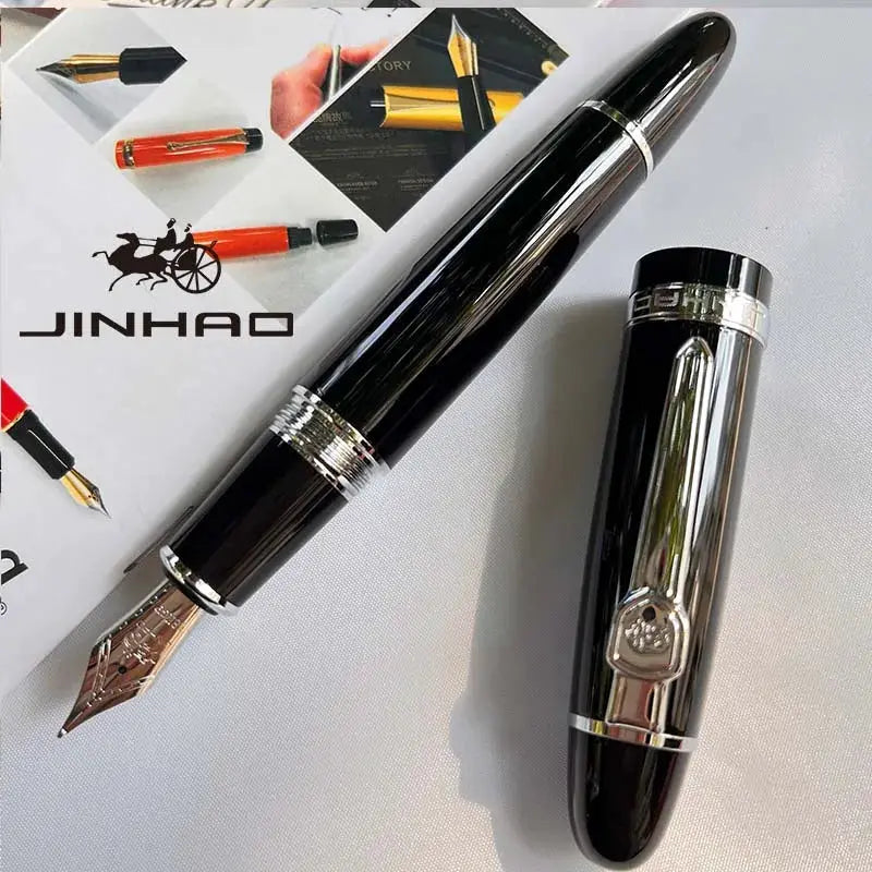 Jinhao 159 fountain pen with silver trim, black body, and converter