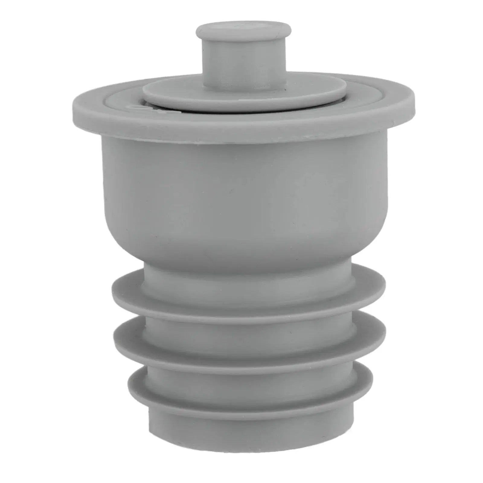 Gray washing machine drain pipe seal with flange and central stub