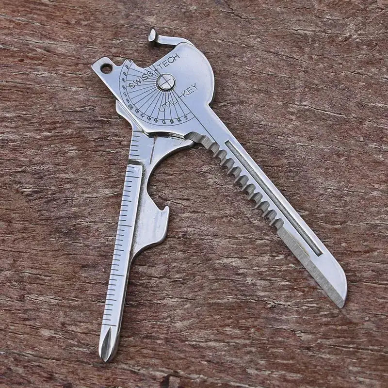 8-in-1 multitool keychain by SwissTech, compact stainless steel camping tool with folding screwdriver and bottle opener