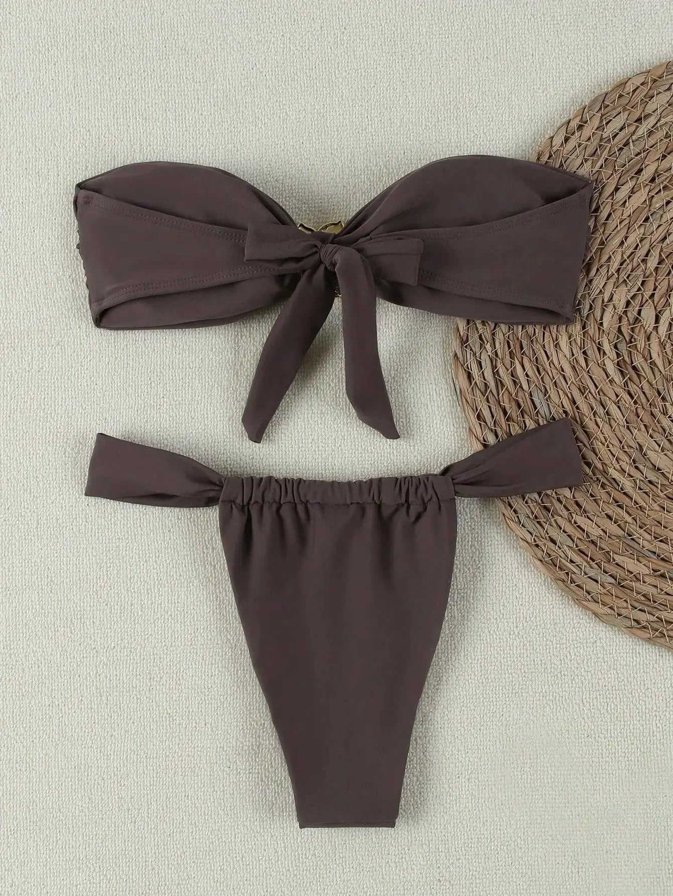 Bandeau push-up bikini set by Simples Market in brown; 2-piece with front knot top and ruched bottom