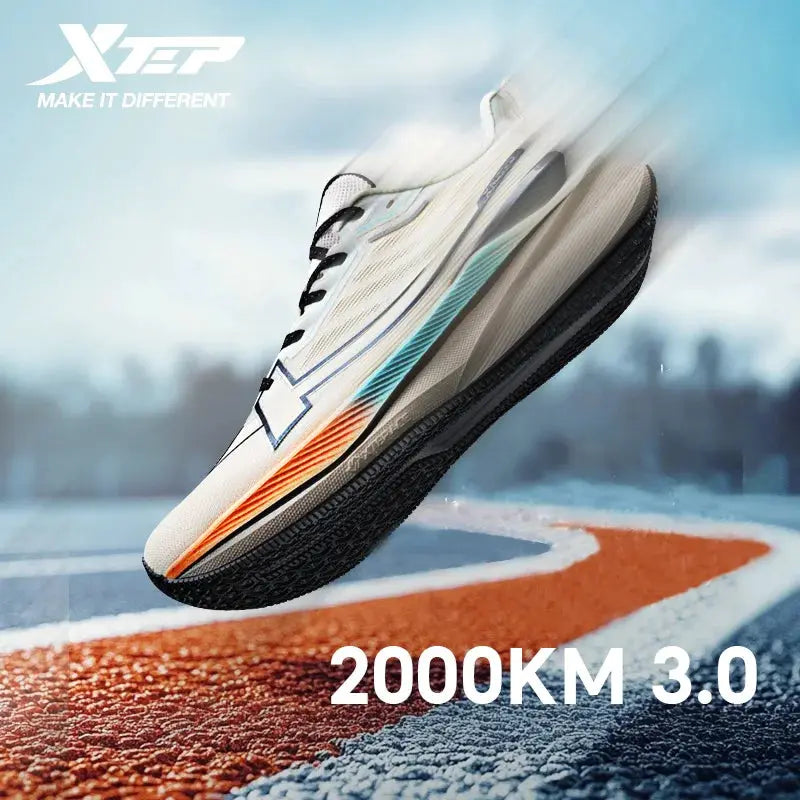 Xtep men's running shoe 2000KM 3.0, white lightweight cushioned trainer with blue and orange accents