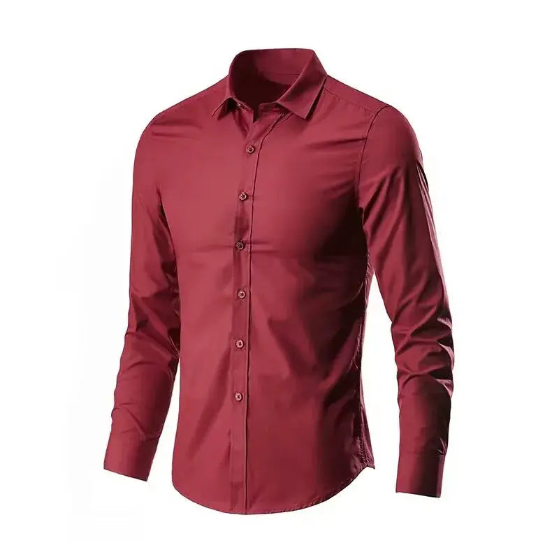Men's burgundy long-sleeve dress shirt, front button placket, no pocket, slim fit.