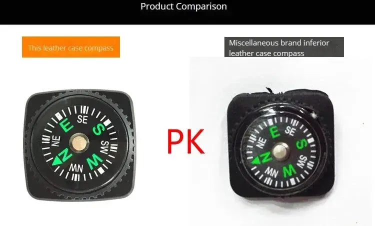Two small outdoor compasses with black leather cases; left labeled leather case compass, right leather case compass