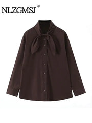 NLZGMSJ brown scarf shirt for women with a large bow neck, long sleeves, button-front