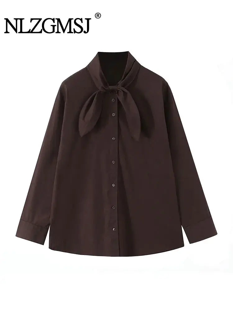 NLZGMSJ brown scarf shirt for women with a large bow neck, long sleeves, button-front
