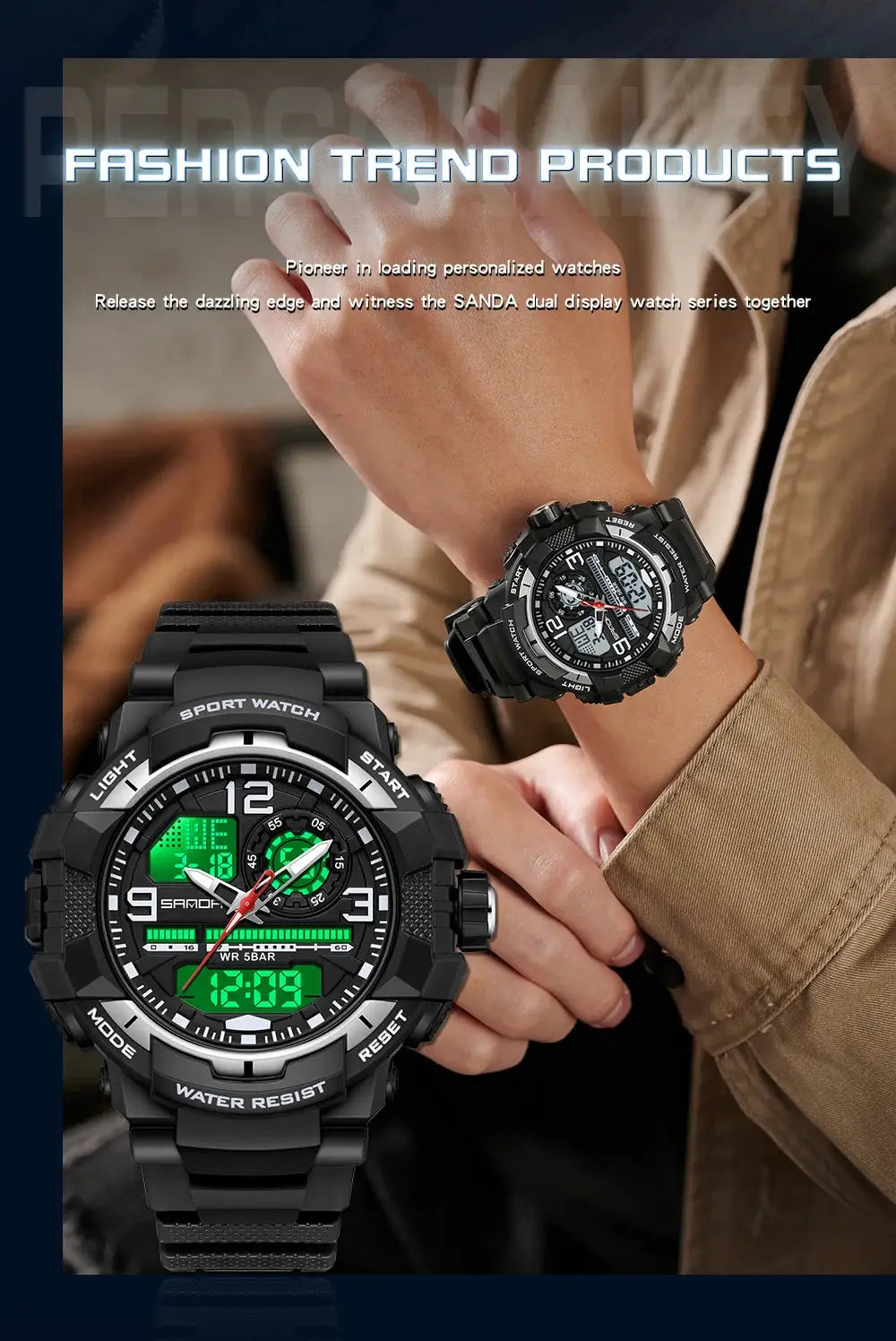 SANDA 6130 dual-display sport watches; two black military-style digital-analog timepieces with water resistance.