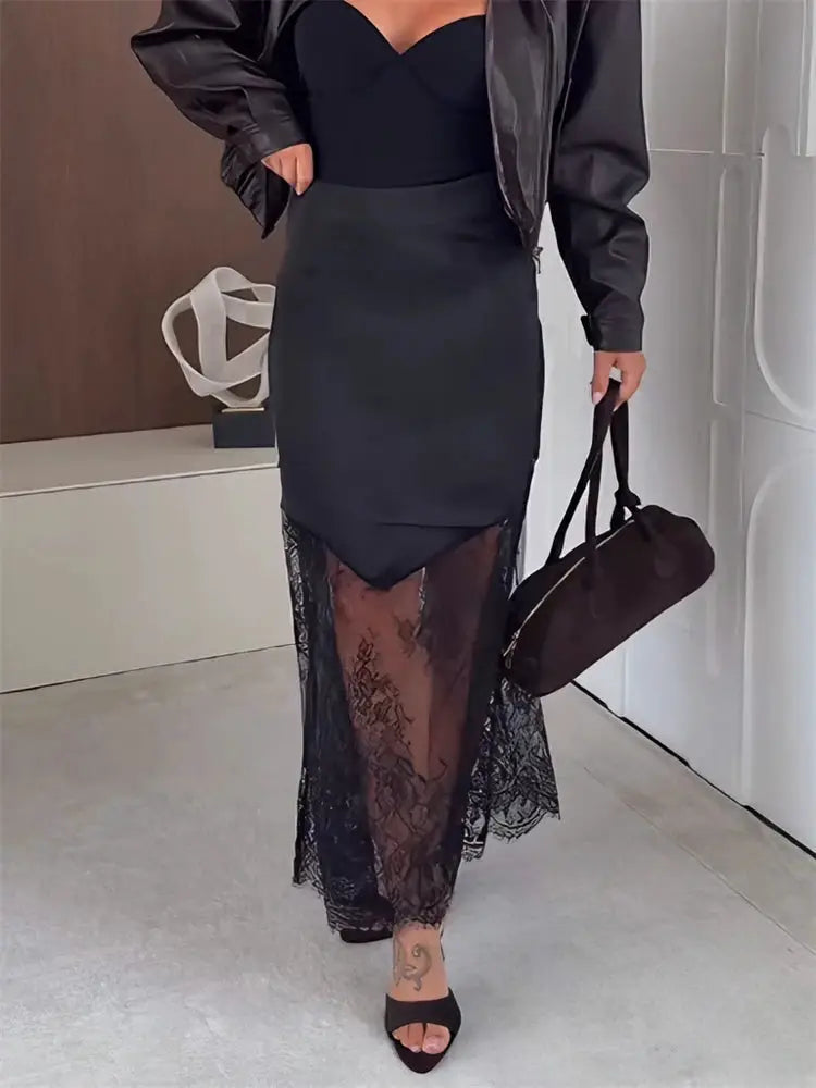 Trendix Patchwork Lace High Waist Hollow Out Maxi Skirt For Women Autumn Brown Boho Party Fashion