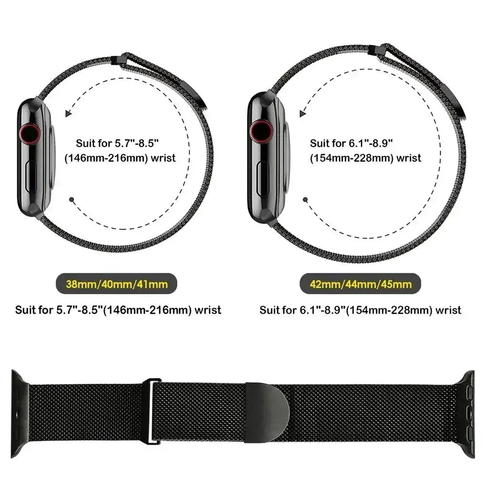 Simples Market metal Milanese Apple Watch strap; magnetic black stainless steel mesh, fits 38–41mm and 42–45mm