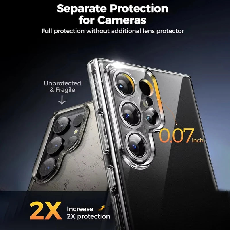 Clear Samsung Galaxy phone case by Simples Market for S21–S26 series, transparent with camera protection; two phones