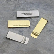 Personalized money clips set of four in silver and gold finishes with engraved messages like best day ever and John 3:16