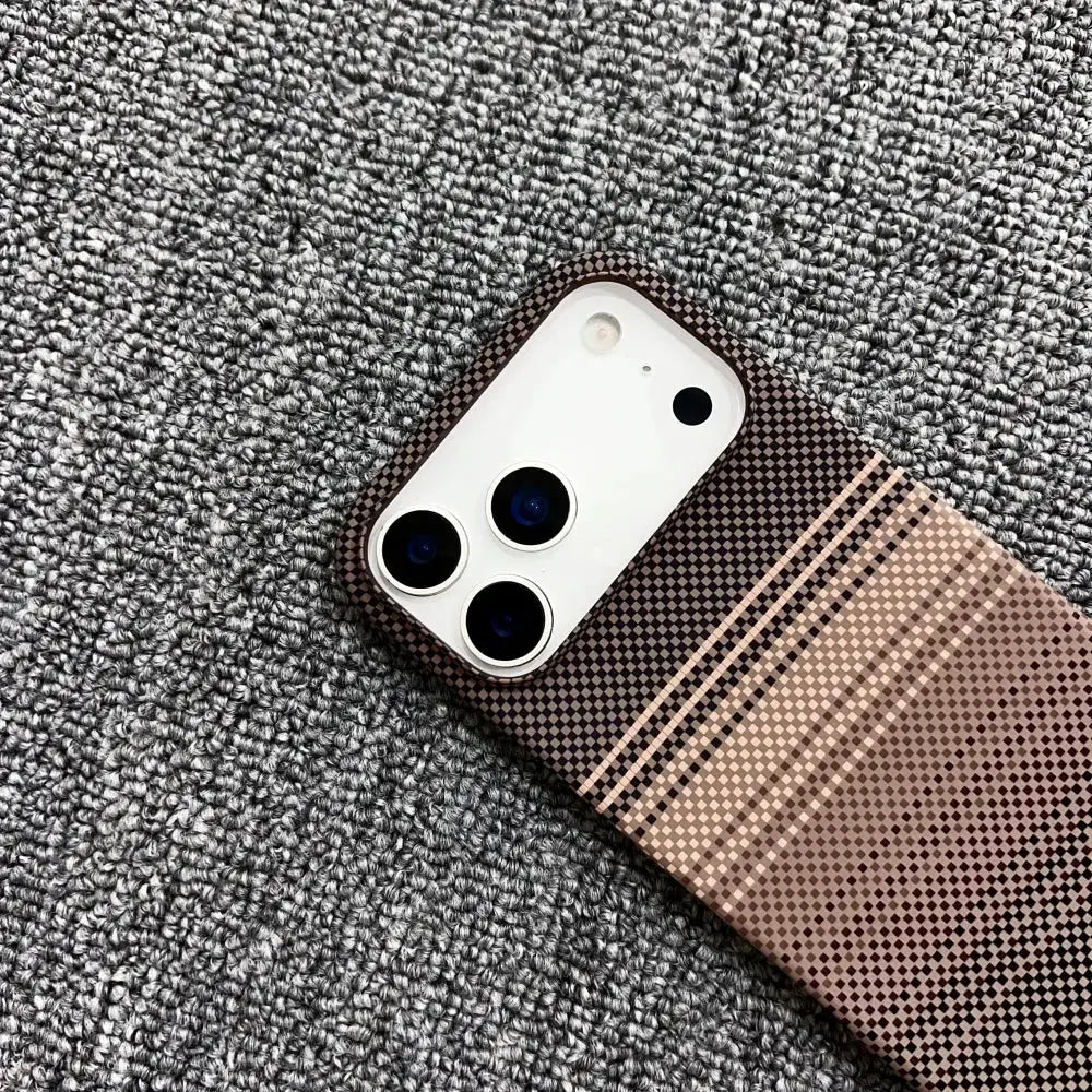 MagSafe frameless iPhone case with brown carbon fiber Kevlar texture pattern