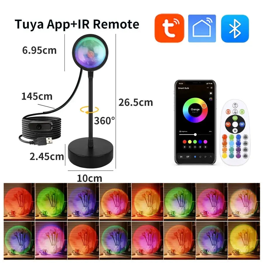 Smart Sunset Lamp on a stand with USB power, RGB lighting, and Tuya Smart Life app remote control