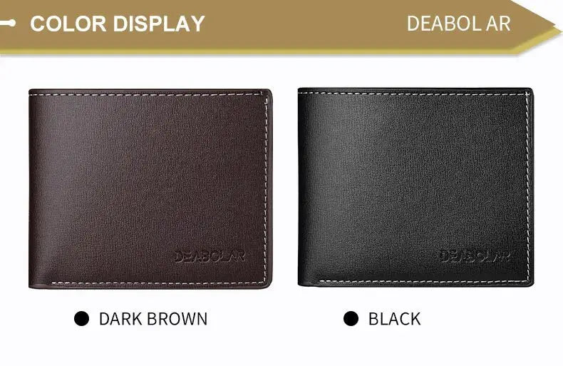 Pu Leather men’s short folding wallet by Simples Market; DEABOL AR branding, dark brown and black, 2 wallets