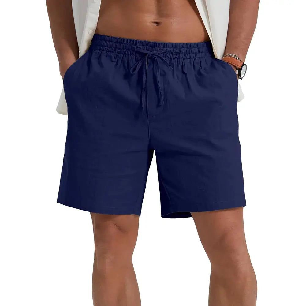 Men's navy blue lightweight cotton-linen shorts with drawstring waist for casual daily wear